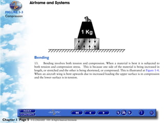Airframe and Systems

 FIGURE 1-3
 Compression




                      Bending
                      13.     Bending involves both tension and compression. When a material is bent it is subjected to
                      both tension and compression stress. This is because one side of the material is being increased in
                      length, or stretched and the other is being shortened, or compressed. This is illustrated at Figure 1-4.
                      When an aircraft wing is bent upwards due to increased loading the upper surface is in compression
                      and the lower surface is in tension.




Chapter 1 Page 5   © G LONGHURST 1999 All Rights Reserved Worldwide
 