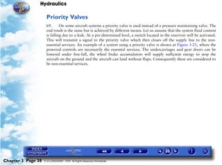 Hydraulics

                     Priority Valves
                     69.      On some aircraft systems a priority valve is used instead of a pressure maintaining valve. The
                     end result is the same but is achieved by different means. Let us assume that the system fluid content
                     is falling due to a leak. At a pre-determined level, a switch located in the reservoir will be activated.
                     This will transmit a signal to the priority valve which then closes off the supply line to the non-
                     essential services. An example of a system using a priority valve is shown at Figure 3-21, where the
                     powered controls are necessarily the essential services. The undercarriages and gear doors can be
                     lowered under free-fall, the wheel brake accumulators will supply sufficient energy to stop the
                     aircraft on the ground and the aircraft can land without flaps. Consequently these are considered to
                     be non-essential services.




Chapter 3 Page 38   © G LONGHURST 1999 All Rights Reserved Worldwide
 