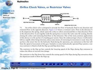 Hydraulics

                      Orifice Check Valves, or Restrictor Valves
 FIGURE 3-23
 Orifice Check
 Valve or
 Restrictor Valve




                      71.     An orifice check valve is designed to provide free flow of hydraulic fluid in one direction and
                      restricted flow in the opposite direction. Figure 3-23 shows a restrictor valve. Flow in the direction A
                      to B compresses the spring, which opens the orifice to allow unrestricted flow in that direction. Flow
                      in the direction B to A acts together with the spring force to move the valve onto the seating, thereby
                      closing the orifice and restricting fluid flow in that direction. One of the most common applications
                      of this device is in the up line of a landing gear system. Since the undercarriage is heavy it will tend to
                      fall too rapidly when being lowered, unless some means of restricting its movement is used. Since the
                      up line is the return line for the hydraulic fluid during the operation, any restriction in this line will
                      limit the speed of movement of the gear. Similarly in some hydraulically operated flap systems a one
                      way restrictor is fitted in both the flap up and flap down lines.

                      The restrictor in the flap up line controls the lowering speed of the flaps during flap extension to
                      reduce the effects of aircraft trim change.

                      The restrictor in the flap down line controls the raising speed of the flaps during flap retraction when
                      the slipstream tends to blow the flaps up.




Chapter 3 Page 42    © G LONGHURST 1999 All Rights Reserved Worldwide
 