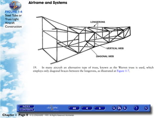Airframe and Systems

 FIGURE 1-6
 Steel Tube or
 Truss Light
 Aircraft
 Construction




                      19.   In many aircraft an alternative type of truss, known as the Warren truss is used, which
                      employs only diagonal braces between the longerons, as illustrated at Figure 1-7.




Chapter 1 Page 8   © G LONGHURST 1999 All Rights Reserved Worldwide
 