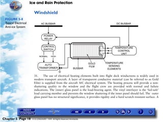 Ice and Rain Protection

                        Windshield
 FIGURE 5-8
 Typical Electrical
 Anti-ice System




                        31.     The use of electrical heating elements built into flight deck windscreens is widely used in
                        modern transport aircraft. A layer of transparent conductive material (can be referred to as Gold
                        Film) is supplied from the aircraft A/C electrical system. The heating process will provide a non-
                        shattering quality to the window and the flight crew are provided with normal and failure
                        indications. The (inner) glass panel is the load-bearing agent. The vinyl interlayer is the ‘fail-safe’
                        load carrying member and prevents the window shattering if the inner panel should fail. The outer
                        glass panel has no structural significance, it provides rigidity and a hard scratch resistant surface. A




Chapter 5 Page 18      © G LONGHURST 1999 All Rights Reserved Worldwide
 