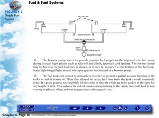 Fuel & Fuel Systems

 FIGURE 6-2
 Simple Fuel
 System




                     37.    The booster pump serves to provide positive fuel supply to the engine-driven fuel pump
                     during critical flight phases such as take-off and climb, approach and landing. The booster pump
                     may be fitted in the fuel feed line, as shown, or it may be immersed at the bottom of the fuel tank.
                     Some high-winged light aircraft rely upon gravity feed instead of a booster pump.

                     38.     The fuel tanks are vented to atmosphere in order to prevent a partial vacuum forming in the
                     tanks as fuel is drawn off. Were this allowed to occur, fuel flow from the tanks would eventually
                     cease. It is good practice to completely fill the tanks of aircraft which are to be parked in the open for
                     any length of time. This reduces the risk of condensation forming in the tanks, but could lead to fuel
                     venting overboard when ambient temperatures subsequently rise.




Chapter 6 Page 16   © G LONGHURST 1999 All Rights Reserved Worldwide
 