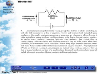 Electrics-DC

 FIGURE 7-1
 Direction of
 Current Flow




                      4.      A substance consisting of atoms that readily give up their electrons is called a conductor, and
                      will offer little resistance to a flow of electricity. Copper and Gold are both particularly good
                      conductors. Conversely, a substance consisting of atoms that are reluctant to release electrons is
                      called an insulator, because it offers a very high resistance to the flow of electrical current. Insulators
                      are used to protect conductors, insulating them from other conductors. For example, electrical
                      current-carrying cables are covered with insulating material if they are to be located where other
                      conductors, such as the metal case of a device or a human being, might otherwise come into contact
                      with them. Natural rubber and most thermoplastic materials are good insulators. Polyvinyl chloride
                      (PVC) is a well-known example. A semiconductor is a material whose resistance is midway between
                      that of a good conductor and that of a good insulator. Commonly used semiconductor materials
                      include silicon and germanium. (diodes, transistors and integrated circuits.




Chapter 7 Page 2   © G LONGHURST 1999 All Rights Reserved Worldwide
 