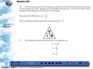 Electrics-DC

                      16.     In other words, an emf of 1 volt will cause a current of 1 amp to flow through a circuit having
                      a total resistance of 1 ohm. Equally, an emf of 25,000 volts will cause a current of 10 amps to flow
                      through a circuit having a total resistance of 2,500 ohms.

                                                         V
                      The equation for Ohm's Law is: I = ---
                                                           -
                                                         R

                      This is usefully given diagrammatically as shown at Figure 7-2.

 FIGURE 7-2
 Ohms Law




                      17.       This simplifies transposition of the Ohm's Law equation viz:

                                                                      V = I×R

                                                                           V
                                                                       I = ---
                                                                             -
                                                                           R

                                                                           V
                                                                       R = ---
                                                                             -
                                                                            I




Chapter 7 Page 6   © G LONGHURST 1999 All Rights Reserved Worldwide
 