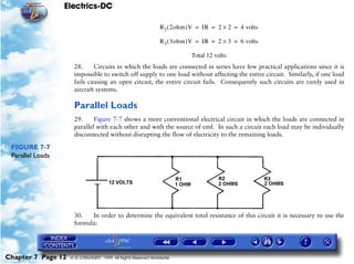 Electrics-DC

                                                               R 2 ( 2ohm )V = IR = 2 × 2 = 4 volts

                                                               R 3 ( 3ohm )V = IR = 2 × 3 = 6 volts

                                                                          Total 12 volts
                     28.     Circuits in which the loads are connected in series have few practical applications since it is
                     impossible to switch off supply to one load without affecting the entire circuit. Similarly, if one load
                     fails causing an open circuit, the entire circuit fails. Consequently such circuits are rarely used in
                     aircraft systems.

                     Parallel Loads
                     29.     Figure 7-7 shows a more conventional electrical circuit in which the loads are connected in
                     parallel with each other and with the source of emf. In such a circuit each load may be individually
                     disconnected without disrupting the flow of electricity to the remaining loads.

 FIGURE 7-7
 Parallel Loads




                     30.   In order to determine the equivalent total resistance of this circuit it is necessary to use the
                     formula:




Chapter 7 Page 12   © G LONGHURST 1999 All Rights Reserved Worldwide
 
