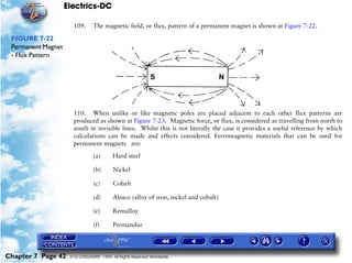 Electrics-DC

                      109.      The magnetic field, or flux, pattern of a permanent magnet is shown at Figure 7-22.

 FIGURE 7-22
 Permanent Magnet
 - Flux Pattern




                      110. When unlike or like magnetic poles are placed adjacent to each other flux patterns are
                      produced as shown at Figure 7-23. Magnetic force, or flux, is considered as travelling from north to
                      south in invisible lines. Whilst this is not literally the case it provides a useful reference by which
                      calculations can be made and effects considered. Ferromagnetic materials that can be used for
                      permanent magnets are:

                                (a)      Hard steel

                                (b)      Nickel

                                (c)      Cobalt

                                (d)      Alnico (alloy of iron, nickel and cobalt)

                                (e)      Remalloy

                                (f)      Permandur




Chapter 7 Page 42    © G LONGHURST 1999 All Rights Reserved Worldwide
 