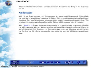 Electrics-DC

                     The induced emf acts to circulate a current in a direction that opposes the change in flux that causes
                     the emf.

                     Generators
                     130. It was shown in section 2.127 that movement of a conductor within a magnetic field results in
                     the induction of an emf in the conductor. It follows that, for continuous generation of emf in the
                     conductor, there must be continuous relative movement between conductor and magnetic field. This
                     is achieved by rotating a conducting loop within the flux field between the poles of a magnet.

                     131. Figure 7-32 shows a simple generator consisting of a conducting loop, or armature, placed in
                     the field between the poles of a permanent magnet and rotated by an external mechanical drive (in an
                     aircraft this drive is from the engine). As the armature loop rotates, the sides of the loop cut through
                     the flux field and this relative movement between conducting loop and field induces an emf in the
                     loop.




Chapter 7 Page 55   © G LONGHURST 1999 All Rights Reserved Worldwide
 