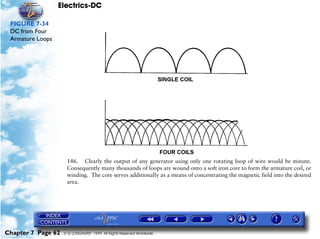 Electrics-DC

 FIGURE 7-34
 DC from Four
 Armature Loops




                     146. Clearly the output of any generator using only one rotating loop of wire would be minute.
                     Consequently many thousands of loops are wound onto a soft iron core to form the armature coil, or
                     winding. The core serves additionally as a means of concentrating the magnetic field into the desired
                     area.




Chapter 7 Page 62   © G LONGHURST 1999 All Rights Reserved Worldwide
 