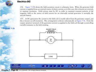 Electrics-DC

                     154. Figure 7-35b shows the field excitation circuit in schematic form. When the generator field
                     current is supplied from an external source of direct current, as in this case, this is known as external,
                     or separate excitation. Field current must be DC in order to maintain constant polarity of the
                     magnetic field so the source of field current for an externally excited generator is normally the
                     aircraft battery.

                     155. In DC generators the current to the field coil is usually taken from the generator output, and
                     this is known as self-excitation. This arrangement is shown schematically at Figure 7-36. From the
                     output (positive) terminal of the generator current is supplied to the field coil through a controlling
                     variable resistance to the field winding.

 FIGURE 7-36




Chapter 7 Page 66   © G LONGHURST 1999 All Rights Reserved Worldwide
 