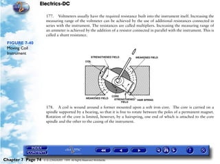 Electrics-DC

                     177. Voltmeters usually have the required resistance built into the instrument itself. Increasing the
                     measuring range of the voltmeter can be achieved by the use of additional resistances connected in
                     series with the instrument. The resistances are called multipliers. Increasing the measuring range of
                     an ammeter is achieved by the addition of a resistor connected in parallel with the instrument. This is
                     called a shunt resistance.

 FIGURE 7-40
 Moving Coil
 Instrument




                     178. A coil is wound around a former mounted upon a soft iron core. The core is carried on a
                     spindle supported by a bearing, so that it is free to rotate between the poles of a permanent magnet.
                     Rotation of the core is limited, however, by a hairspring, one end of which is attached to the core
                     spindle and the other to the casing of the instrument.




Chapter 7 Page 74   © G LONGHURST 1999 All Rights Reserved Worldwide
 