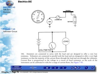 Electrics-DC

 FIGURE 7-42
 Left-Zero
 Ammeter




 FIGURE 7-43
 Voltmeter Circuit




                       182. Ammeters are connected in series with the load and are designed to offer a very low
                       resistance. Voltmeters are connected in parallel with the load and are designed to offer a very high
                       resistance, so that the majority of the current flows through the load and not through the voltmeter.
                       Current flow is proportional to the voltage in a circuit of fixed resistance, so the scale of the
                       instrument can be calibrated in volts for a range of current flows. See Figure 7-43.




Chapter 7 Page 76     © G LONGHURST 1999 All Rights Reserved Worldwide
 
