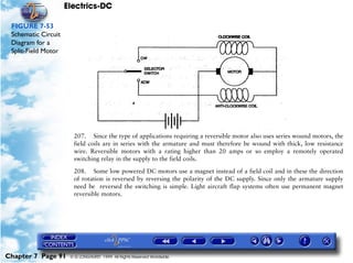 Electrics-DC

 FIGURE 7-53
 Schematic Circuit
 Diagram for a
 Split-Field Motor




                       207. Since the type of applications requiring a reversible motor also uses series wound motors, the
                       field coils are in series with the armature and must therefore be wound with thick, low resistance
                       wire. Reversible motors with a rating higher than 20 amps or so employ a remotely operated
                       switching relay in the supply to the field coils.

                       208. Some low powered DC motors use a magnet instead of a field coil and in these the direction
                       of rotation is reversed by reversing the polarity of the DC supply. Since only the armature supply
                       need be reversed the switching is simple. Light aircraft flap systems often use permanent magnet
                       reversible motors.




Chapter 7 Page 91     © G LONGHURST 1999 All Rights Reserved Worldwide
 