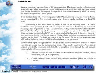 Electrics-AC

                     Frequency meters are a standard item of AC instrumentation. They too are moving coil instruments.
                     A potential, dependent upon supply voltage and frequency, is supplied to both fixed and moving
                     coils. Interaction between the magnetic fields produced determines the extent by which the moving
                     coil is deflected against the control springs.

                     Power meters indicate total power being generated (kVA) and, in some cases, real power (kW) and
                     reactive power (kVAR). Both real and reactive power displays may be combined in a Watt/VAR
                     meter.

                     152. Functioning of the power meter is similar to that of the frequency meter. A current
                     transformer senses generator phase B load and energises the field coil of the moving coil instrument,
                     producing a field proportional to load. The instrument's reading will therefore be calibrated in kW.
                     When the VAR reading is selected, the moving coil is connected across phases A and C. This causes
                     the current in the moving coil to be 90° out-of-phase with field coil current. If the power factor is 1
                     there is no interaction between the two magnetic fields produced in the instrument, and the reading is
                     zero (no reactive load). The lower the power factor, the greater the interaction between the two
                     fields and the higher the reactive (kVAR) reading displayed by the instrument.

                     Failure warning lights are supplied from a DC bus bar to ensure that they will continue to operate
                     when the AC service they are indicating has failed. They usually incorporate a ‘press-to-test’
                     function, activated by pressing in the bulb holder to complete a circuit through the bulb filament.
                     Indicating lights fall into three categories:

                               (a)      Warning, coloured red and indicating unsafe conditions (generator overheat, engine
                                        fire warning, low CSDU oil pressure).

                               (b)      Caution, coloured amber and indicating abnormal conditions (power not available to
                                        a bus bar).




Chapter 8 Page 58   © G LONGHURST 1999 All Rights Reserved Worldwide
 
