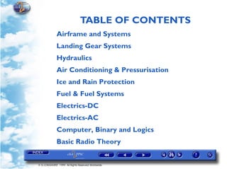 TABLE OF CONTENTS
             Airframe and Systems
             Landing Gear Systems
             Hydraulics
             Air Conditioning & Pressurisation
             Ice and Rain Protection
             Fuel & Fuel Systems
             Electrics-DC
             Electrics-AC
             Computer, Binary and Logics
             Basic Radio Theory


© G LONGHURST 1999 All Rights Reserved Worldwide
 