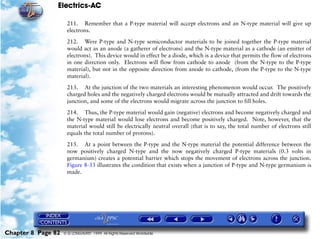Electrics-AC

                     211. Remember that a P-type material will accept electrons and an N-type material will give up
                     electrons.

                     212. Were P-type and N-type semiconductor materials to be joined together the P-type material
                     would act as an anode (a gatherer of electrons) and the N-type material as a cathode (an emitter of
                     electrons). This device would in effect be a diode, which is a device that permits the flow of electrons
                     in one direction only. Electrons will flow from cathode to anode (from the N-type to the P-type
                     material), but not in the opposite direction from anode to cathode, (from the P-type to the N-type
                     material).

                     213. At the junction of the two materials an interesting phenomenon would occur. The positively
                     charged holes and the negatively charged electrons would be mutually attracted and drift towards the
                     junction, and some of the electrons would migrate across the junction to fill holes.

                     214. Thus, the P-type material would gain (negative) electrons and become negatively charged and
                     the N-type material would lose electrons and become positively charged. Note, however, that the
                     material would still be electrically neutral overall (that is to say, the total number of electrons still
                     equals the total number of protons).

                     215. At a point between the P-type and the N-type material the potential difference between the
                     now positively charged N-type and the now negatively charged P-type materials (0.3 volts in
                     germanium) creates a potential barrier which stops the movement of electrons across the junction.
                     Figure 8-33 illustrates the condition that exists when a junction of P-type and N-type germanium is
                     made.




Chapter 8 Page 82   © G LONGHURST 1999 All Rights Reserved Worldwide
 