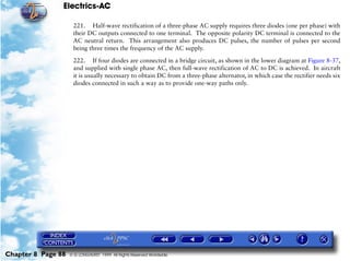 Electrics-AC

                     221. Half-wave rectification of a three-phase AC supply requires three diodes (one per phase) with
                     their DC outputs connected to one terminal. The opposite polarity DC terminal is connected to the
                     AC neutral return. This arrangement also produces DC pulses, the number of pulses per second
                     being three times the frequency of the AC supply.

                     222. If four diodes are connected in a bridge circuit, as shown in the lower diagram at Figure 8-37,
                     and supplied with single phase AC, then full-wave rectification of AC to DC is achieved. In aircraft
                     it is usually necessary to obtain DC from a three-phase alternator, in which case the rectifier needs six
                     diodes connected in such a way as to provide one-way paths only.




Chapter 8 Page 88   © G LONGHURST 1999 All Rights Reserved Worldwide
 