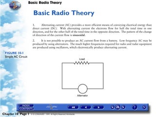 Basic Radio Theory


                       10   Basic Radio Theory
                       1.      Alternating current (AC) provides a more efficient means of conveying electrical energy than
                       direct current (DC). With alternating current the electrons flow for half the total time in one
                       direction, and for the other half of the total time in the opposite direction. The pattern of the change
                       of direction of the current flow is sinusoidal.

                       2.     It is not possible to produce an AC current flow from a battery. Low frequency AC may be
                       produced by using alternators. The much higher frequencies required for radio and radar equipment
                       are produced using oscillators, which electronically produce alternating current.

 FIGURE 10-1
 Simple AC Circuit




Chapter 10 Page 1     © G LONGHURST 1999 All Rights Reserved Worldwide
 