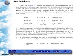 Basic Radio Theory

                     4.     Time A to E at Figure 10-2 represents one complete cycle. The term frequency is used to
                     denote the number of cycles occurring in one second. With the UK National Grid system the time
                     taken for each cycle is one-fiftieth of a second, giving a frequency of 50 cycles per second, or 50
                     Hertz (50 Hz). Aircraft AC supply frequency is normally 400 Hz. The frequencies used for radio
                     wave transmissions are very much higher than 50 Hz. In order to simplify matters the units shown
                     below are used.

                                     1,000 Hz                          =        3             =   1 Kilohertz (1KHz)
                                                                           1 × 10 Hz

                                     1,000,000 Hz                      =        6             =   1 Megahertz (1 MHz)
                                                                           1 × 10 Hz

                                     1,000,000,000 Hz                  =            9         =   1 Gigahertz (1 GHz)
                                                                           1 × 10 Hz

                     5.     If a wire (or antenna) is supplied with alternating current, some of the power is radiated into
                     space as electromagnetic energy. A similar wire (antenna), parallel to the first, will have a small
                     alternating current induced in it as the radiated electromagnetic energy passes over it. The
                     characteristics of the induced AC will be identical to those supplied to the transmitting wire. This is
                     the basis of all radio transmitting and receiving systems.

                     6.    As the frequency increases the time taken to complete each cycle decreases accordingly.
                     Consequently it is necessary to simplify the units of time, as shown below.

                                                  1                                  –3
                                            -------------- second
                                                         -             =    1 × 10        =       1 millisecond (1 m sec)
                                            1, 000




Chapter 10 Page 3   © G LONGHURST 1999 All Rights Reserved Worldwide
 