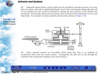 Airframe and Systems

                     89.    Safeguards against faults or power failure may be provided by manual reversion, or by more
                     than one system, each with its individual hydraulic circuit. Thus conventional trailing edge tabs will
                     not be included and trim would be obtained by altering the zero positions of the artificial feel
                     mechanism. Occasionally, where necessary, balance tabs are fitted for the maintenance of servo and
                     hinge loads. An example of a power operated control system is shown at Figure 1-28.

 FIGURE 1-28
 Powered Flying
 Control System




                     90.    Power operated controls are irreversible, which means that there is no feedback of
                     aerodynamic forces from the control surface. Consequently, the pilot has no feel through the
                     controls for the aerodynamic loading on the control surfaces.




Chapter 1 Page 48   © G LONGHURST 1999 All Rights Reserved Worldwide
 
