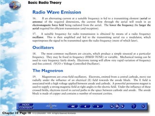 Basic Radio Theory

                     Radio Wave Emission
                     16.      If an alternating current at a suitable frequency is fed to a transmitting element (aerial or
                     antenna) of the required dimensions, the current flow through the aerial will result in an
                     electromagnetic force field being radiated from the aerial. The lower the frequency the larger the
                     aerial required for efficient transmission (and reception).

                     17.     A suitable frequency for radio transmission is obtained by means of a radio frequency
                     oscillator. This is then amplified and fed to the transmitting aerial via a modulator, which
                     superimposes the signal to be transmitted upon the radio frequency (more of which later).

                     Oscillators
                     18.    The most common oscillators are circuits, which produce a simple sinusoid at a particular
                     frequency. They may be fixed in frequency (FIXED TUNE) or variable. Mechanical tuning can be
                     used to vary frequency fairly slowly. Electronic tuning will allow very rapid variation of frequency
                     and fine control. (VCO = Voltage Controlled Oscillator).

                     The Magnetron
                     19.      Magnetrons are cross-field oscillators. Electrons, emitted from a central cathode, move out
                     radially under the influence of an electrical (E) field towards the anode block. The E field is
                     associated with a high voltage applied between anode and cathode. A powerful permanent magnet is
                     used to supply a strong magnetic field at right angles to the electric field. Under the influence of these
                     crossed-fields, electrons travel in curved paths in the space between cathode and anode. The anode
                     block is made of copper and contains a number of resonant cavities.




Chapter 10 Page 18   © G LONGHURST 1999 All Rights Reserved Worldwide
 