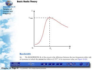 Basic Radio Theory

 FIGURE 10-19
 Variation of
 Current with
 Frequency




                     Bandwidth
                     46.    The BANDWIDTH, B, of the circuit is the difference between the two frequencies either side
                     of resonance at which the current has fallen to 0.707* of its maximum value, see Figure 10-20.




Chapter 10 Page 41   © G LONGHURST 1999 All Rights Reserved Worldwide
 