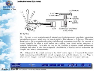 Airframe and Systems

 FIGURE 1-30
 Hydraulic ‘q’ Feel




                        Fly-By-Wire

                        94.     In many present-generation aircraft signals from the pilot's primary controls are transmitted
                        electrically to actuators which move the control surfaces. This is known as fly-by-wire. The system
                        lends itself to the incorporation of sophisticated electronic processing which alters the response to
                        control inputs by the pilots to avoid stalling, over-rapid or excess control surface movement, or
                        unstable flight regimes. Fly-by-wire not only has the capability to improve aircraft performance,
                        efficiency and safety, it can also incorporate co-ordination of control surface movements too
                        complex for a pilot to achieve unaided.

                        95.     Indication of the aircraft response to the pilot’s control inputs is by means of the primary
                        flight instruments; artificial horizon for roll and pitch, turn and slip indicator for yaw. Angle of
                        attack sensors may give aural stall warning, or stick shaking, in the case of excessive pitch up.




Chapter 1 Page 51      © G LONGHURST 1999 All Rights Reserved Worldwide
 