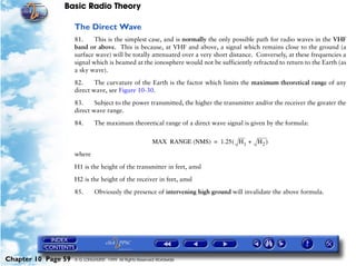 Basic Radio Theory

                     The Direct Wave
                     81.     This is the simplest case, and is normally the only possible path for radio waves in the VHF
                     band or above. This is because, at VHF and above, a signal which remains close to the ground (a
                     surface wave) will be totally attenuated over a very short distance. Conversely, at these frequencies a
                     signal which is beamed at the ionosphere would not be sufficiently refracted to return to the Earth (as
                     a sky wave).

                     82.     The curvature of the Earth is the factor which limits the maximum theoretical range of any
                     direct wave, see Figure 10-30.

                     83.     Subject to the power transmitted, the higher the transmitter and/or the receiver the greater the
                     direct wave range.

                     84.      The maximum theoretical range of a direct wave signal is given by the formula:

                                                          MAX RANGE (NMS) = 1.25 ( H 1 + H 2 )

                     where

                     H1 is the height of the transmitter in feet, amsl

                     H2 is the height of the receiver in feet, amsl

                     85.      Obviously the presence of intervening high ground will invalidate the above formula.




Chapter 10 Page 59   © G LONGHURST 1999 All Rights Reserved Worldwide
 
