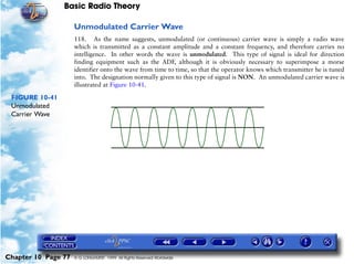 Basic Radio Theory

                     Unmodulated Carrier Wave
                     118. As the name suggests, unmodulated (or continuous) carrier wave is simply a radio wave
                     which is transmitted as a constant amplitude and a constant frequency, and therefore carries no
                     intelligence. In other words the wave is unmodulated. This type of signal is ideal for direction
                     finding equipment such as the ADF, although it is obviously necessary to superimpose a morse
                     identifier onto the wave from time to time, so that the operator knows which transmitter he is tuned
                     into. The designation normally given to this type of signal is NON. An unmodulated carrier wave is
                     illustrated at Figure 10-41.

 FIGURE 10-41
 Unmodulated
 Carrier Wave




Chapter 10 Page 77   © G LONGHURST 1999 All Rights Reserved Worldwide
 