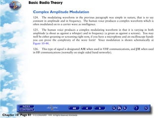 Basic Radio Theory

                     Complex Amplitude Modulation
                     124. The modulating waveform in the previous paragraph was simple in nature, that is to say
                     constant in amplitude and in frequency. The human voice produces a complex waveform which is
                     often modulated on to a carrier wave as intelligence.

                     125. The human voice produces a complex modulating waveform in that it is varying in both
                     amplitude (a shout as against a whisper) and in frequency (a groan as against a scream). You may
                     well be either groaning or screaming right now, if you have a microphone and an oscilloscope handy
                     you can prove the complexity of the wave form! Voice modulation is shown schematically at
                     Figure 10-44.

                     126. This type of signal is designated A3E when used in VHF communications, and J3E when used
                     in HF communications (normally on single sided band networks).




Chapter 10 Page 81   © G LONGHURST 1999 All Rights Reserved Worldwide
 