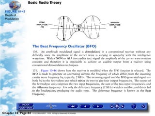 Basic Radio Theory

 FIGURE 10-45
 Depth of
 Modulation




                     The Beat Frequency Oscillator (BFO)
                     130. An amplitude modulated signal is demodulated in a conventional receiver without any
                     difficulty since the amplitude of the carrier wave is varying in sympathy with the intelligence
                     waveform. With a NON or A1A (see earlier text) signal the amplitude of the carrier wave remains
                     constant and therefore it is impossible to achieve an audible output from a receiver using
                     conventional demodulation techniques.

                     131. Figure 10-46 shows how the receiver is modified when the BFO function is selected. The
                     BFO is made to generate an alternating current, the frequency of which differs from the incoming
                     carrier wave frequency by, typically, 2 KHz. The incoming signal and the BFO-generated signal are
                     both fed to the heterodyne unit which mixes the two to give four output frequencies. The output of
                     the heterodyne unit comprises the two input frequencies, the sum of the two input frequencies, and
                     the difference frequency. It is only the difference frequency (2 KHz) which is audible, and this is fed
                     to the loudspeaker, producing the audio tone. The difference frequency is known as the Beat
                     Frequency.




Chapter 10 Page 84   © G LONGHURST 1999 All Rights Reserved Worldwide
 