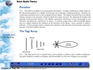Basic Radio Theory

                      Parasites
                      170. The half-wave dipole is not particularly directional. A simple modification, which improves
                      the directional qualities of a dipole, involves the use of parasitic radiating elements. Parasites are
                      conducting rods placed near to the energised (driven) dipole. The signal transmitted from the dipole
                      induces currents in the parasites, which reradiate the energy received. By adjusting the lengths and
                      spacings of the parasites relative to the dipole, constructive interference can be encouraged in one
                      direction and destructive interference in others. A parasite, longer than a half wavelength placed
                      near to a dipole enhances the radiation in the direction of the dipole. Such a parasite is called a
                      reflector. A short parasite tends to enhance the radiation in the direction of the parasite and such a
                      parasite is therefore called a director.

                      The Yagi Array
 FIGURE 10-53
 The Yagi Array




                      171. The Yagi aerial array is formed from a driven dipole, a reflector and a number of directors.
                      The polar diagram is similar in all planes and beamwidths of a few tens of degrees are available.




Chapter 10 Page 102    © G LONGHURST 1999 All Rights Reserved Worldwide
 
