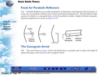 Basic Radio Theory

                      Feeds for Parabolic Reflectors
                      181. Parabolic Reflectors are usually energised by an elementary aerial placed at the focal point, or
                      in the case of a parabolic cylinder, a line of such aerials placed along the axis. The feed element often
                      consists of a dipole or a waveguide horn, or for the parabolic cylinder a length of slotted waveguide.
                      Typical arrangements are shown at Figure 10-59.

 FIGURE 10-59
 Feeds for
 Parabolic
 Reflectors




                      The Cassegrain Aerial
                      182. The aerial shown at Figure 10-60 is developed from a principle used to reduce the length of
                      optical telescopes, and is known as the Cassegrain Aerial.




Chapter 10 Page 109    © G LONGHURST 1999 All Rights Reserved Worldwide
 