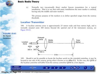 Basic Radio Theory

                              (c)       Normally two (occasionally three) marker beacon transmitters for a typical
                                        installation. That is to say that with many installations the inner marker is omitted,
                                        leaving only the middle and outer markers.

                                        The primary purpose of the markers is to define specified ranges from the runway
                                        threshold.

                      Localiser Transmitter
                      188. A localiser antenna array is approximately 25 metres wide and four metres high, and is
                      normally situated some 300 metres beyond the upwind end of the instrument runway, see
                      Figure 10-63.

 FIGURE 10-63
 ILS Aerial
 Locations




                      189. Should it not be possible to locate the localiser aerial on the extended centreline, it may be
                      located to one side of the runway, giving what is known as an offset ILS. In this case, the QDM of
                      the localiser centreline will differ from the runway centreline QDM by a few degrees.




Chapter 10 Page 113    © G LONGHURST 1999 All Rights Reserved Worldwide
 