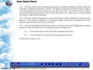 Basic Radio Theory

                      191. The lobe on the pilot’s left during the approach is amplitude modulated at 90 Hz, whilst the
                      right lobe is amplitude modulated at 150 Hz. The depth of modulation of both the lobes is made to
                      vary, being greatest at the centre and least at the sides of the lobes. The airborne localiser receiver
                      compares the depth of modulation of the 150 Hz and 90 Hz waves. When they are of equal depth
                      the localiser needle will be centralised.

                      192. When the depth of modulation is uneven the localiser needle is deflected in the appropriate
                      direction. The greater the difference in modulation depths, the greater the displacement of the
                      localiser needle from the centre of the instrument.

                      193. In the United Kingdom ILS localisers which are associated with normal glidepath transmitters
                      provide coverage from the centre of the localiser antenna to distances of:

                              (a)       25 nm within plus or minus 10° of the equisignal (centre) line.

                              (b)       17 nm between 10° and 35° from the equisignal (centre) line.

                      As illustrated at Figure 10-65.




Chapter 10 Page 115    © G LONGHURST 1999 All Rights Reserved Worldwide
 