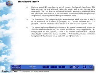 Basic Radio Theory

                             (a)       During a normal ILS procedure, the aircraft captures the glidepath from below. This
                                       being the case, the true glidepath (being the lowest) will be the first one to be
                                       intercepted. The Civil Aviation Authority has issued a warning to pilots emphasising
                                       that special care must be taken at certain airfields around the world where procedures
                                       are published involving capture of the glidepath from above.

                             (b)       The first (lowest) false glidepath will give a descent slope which is inclined at least 6°
                                       to the horizontal for a normal 3° glidepath, or 5° to the horizontal for a 2.5°
                                       glidepath. This will result in a rate of descent of at least twice the expected value.

                             (c)       The approach plate used by the pilot during an ILS approach shows check heights and
                                       altitudes at the marker beacons, and locator beacons (see later) if appropriate. If a
                                       false glidepath has been captured, a check of the altimeter will verify this. A typical
                                       check height over the outer marker would be 1500 feet (QFE), whereas on the first
                                       false glidepath the altimeter would read 3000 feet (QFE) or above.




Chapter 10 Page 119   © G LONGHURST 1999 All Rights Reserved Worldwide
 