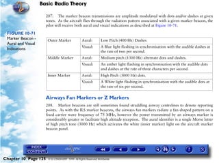 Basic Radio Theory

                      207. The marker beacon transmissions are amplitude modulated with dots and/or dashes at given
                      tones. As the aircraft flies through the radiation pattern associated with a given marker beacon, the
                      pilot will receive both aural and visual indications as described at Figure 10-71.

 FIGURE 10-71
 Marker Beacon -       Outer Marker              Aural:         Low Pitch (400 Hz) Dashes
 Aural and Visual
                                                 Visual:        A Blue light flashing in synchronisation with the audible dashes at
 Indications
                                                                the rate of two per second.
                       Middle Marker             Aural:         Medium pitch (1300 Hz) alternate dots and dashes.
                                                 Visual:        An amber light flashing in synchronisation with the audible dots
                                                                and dashes at the rate of three characters per second.
                       Inner Marker              Aural:         High Pitch (3000 Hz) dots.
                                                 Visual:        A White light flashing in synchronisation with the audible dots at
                                                                the rate of six per second.

                      Airways Fan Markers or Z Markers
                      208. Marker beacons are still sometimes found straddling airway centrelines to denote reporting
                      points. As with the ILS marker beacons, the airways fan markers radiate a fan-shaped pattern on a
                      fixed carrier wave frequency of 75 MHz, however the power transmitted by an airways marker is
                      considerably greater to facilitate high altitude reception. The aural identifier is a single Morse letter
                      of high pitch tone (3000 Hz) which activates the white (inner marker) light on the aircraft marker
                      beacon panel.




Chapter 10 Page 125    © G LONGHURST 1999 All Rights Reserved Worldwide
 
