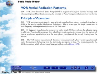 Basic Radio Theory

                      VOR Aerial Radiation Patterns
                      209. VHF Omni-directional Radio Range (VOR) is a system which gives accurate bearings with
                      reference to ground-based stations using the principle of Phase Comparison between two waveforms.

                      Principle of Operation
                      210. VOR stations transmit a carrier wave which is modulated in a manner previously described as
                      A9W in the section entitled Modulation Techniques. This is to say that the single carrier wave is
                      both frequency and amplitude modulated at the same time.

                      211. By frequency modulating the carrier wave with a simple 30 Hz waveform, the reference signal
                      is achieved. This signal is so named since all airborne receivers at a given range from the station will
                      receive a reference signal which is at the same phase, regardless of the aircraft bearing from the
                      station.

                      212.    The VOR station transmits in all directions (omnidirectionally), however the signal strength
                      varies depending on the bearing from the station at a given point in time. The polar diagram for the
                      VOR transmitter, which is known as a limacon, is illustrated at Figure 10-72.




Chapter 10 Page 126    © G LONGHURST 1999 All Rights Reserved Worldwide
 