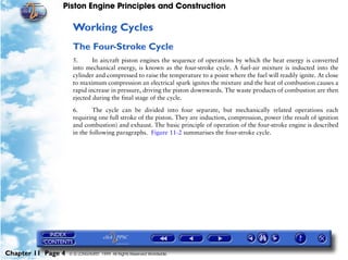Piston Engine Principles and Construction

                     Working Cycles
                     The Four-Stroke Cycle
                     5.      In aircraft piston engines the sequence of operations by which the heat energy is converted
                     into mechanical energy, is known as the four-stroke cycle. A fuel-air mixture is inducted into the
                     cylinder and compressed to raise the temperature to a point where the fuel will readily ignite. At close
                     to maximum compression an electrical spark ignites the mixture and the heat of combustion causes a
                     rapid increase in pressure, driving the piston downwards. The waste products of combustion are then
                     ejected during the final stage of the cycle.

                     6.      The cycle can be divided into four separate, but mechanically related operations each
                     requiring one full stroke of the piston. They are induction, compression, power (the result of ignition
                     and combustion) and exhaust. The basic principle of operation of the four-stroke engine is described
                     in the following paragraphs. Figure 11-2 summarises the four-stroke cycle.




Chapter 11 Page 4   © G LONGHURST 1999 All Rights Reserved Worldwide
 