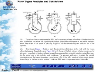 Piston Engine Principles and Construction

 FIGURE 11-5
 Two-Stroke Cycle




                      20.     There is no inlet or exhaust valve. Inlet and exhaust ports in the side of the cylinder admit the
                      fuel air mixture and allow the expulsion of exhaust gases as the movement of the piston uncovers
                      them. The crown of the piston is specially shaped to aid the flow of the gases into and out of the
                      cylinder.

                      21.     Referring to Figure 11-5, let us start the description of the two-stroke cycle with the piston
                      about halfway up the cylinder, as in Figure 11-5a. A charge of fuel-air mixture is being compressed in
                      the upper part of the cylinder whilst the upward movement of the piston is creating reduced pressure
                      in the lower part of the cylinder and crankcase. The pressure difference, between the outside
                      atmosphere and the crankcase causes a non-return valve in the inlet manifold to open and admit a
                      fresh charge of fuel-air mixture into the crankcase. This is the compression-induction stroke.




Chapter 11 Page 12    © G LONGHURST 1999 All Rights Reserved Worldwide
 