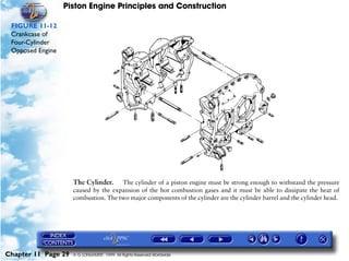 Piston Engine Principles and Construction

 FIGURE 11-12
 Crankcase of
 Four-Cylinder
 Opposed Engine




                     The Cylinder.    The cylinder of a piston engine must be strong enough to withstand the pressure
                     caused by the expansion of the hot combustion gases and it must be able to dissipate the heat of
                     combustion. The two major components of the cylinder are the cylinder barrel and the cylinder head.




Chapter 11 Page 29   © G LONGHURST 1999 All Rights Reserved Worldwide
 