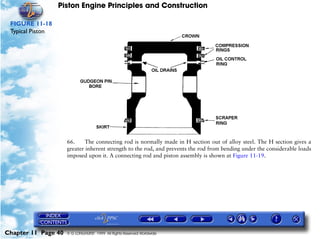 Piston Engine Principles and Construction

 FIGURE 11-18
 Typical Piston




                     66.     The connecting rod is normally made in H section out of alloy steel. The H section gives a
                     greater inherent strength to the rod, and prevents the rod from bending under the considerable loads
                     imposed upon it. A connecting rod and piston assembly is shown at Figure 11-19.




Chapter 11 Page 40   © G LONGHURST 1999 All Rights Reserved Worldwide
 