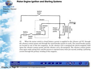 Piston Engine Ignition and Starting Systems

 FIGURE 13-9
 Induction Vibrator
 Circuit




                        42.     When the starter switch is closed battery current is supplied to the vibrator coil VC through
                        the vibrator contact points and through the retard breaker points to earth. The retard breaker points
                        are located in one of the two magnetos. As the vibrator coil is energised the electro-magnetic field
                        opens the vibrator contact points and the vibrator coil is de-energised. The vibrator contact points
                        close again under spring force and the process is repeated many times per second, sending a pulsating
                        current through the primary winding of the magneto.




Chapter 13 Page 18      © G LONGHURST 1999 All Rights Reserved Worldwide
 