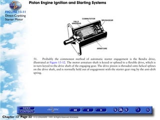 Piston Engine Ignition and Starting Systems

 FIGURE 13-11
 Direct-Cranking
 Starter Motor




                     51.     Probably the commonest method of automatic starter engagement is the Bendix drive,
                     illustrated at Figure 13-12. The motor armature shaft is keyed or splined to a flexible drive, which is
                     in turn keyed to the drive shaft of the engaging gear. The drive pinion is threaded onto helical splines
                     on the drive shaft, and is normally held out of engagement with the starter gear ring by the anti-drift
                     spring.




Chapter 13 Page 22   © G LONGHURST 1999 All Rights Reserved Worldwide
 