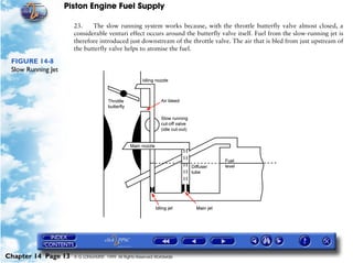 Piston Engine Fuel Supply

                      23.    The slow running system works because, with the throttle butterfly valve almost closed, a
                      considerable venturi effect occurs around the butterfly valve itself. Fuel from the slow-running jet is
                      therefore introduced just downstream of the throttle valve. The air that is bled from just upstream of
                      the butterfly valve helps to atomise the fuel.

 FIGURE 14-8
 Slow Running Jet




Chapter 14 Page 13    © G LONGHURST 1999 All Rights Reserved Worldwide
 