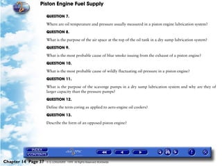 Piston Engine Fuel Supply

                     QUESTION 7.

                     Where are oil temperature and pressure usually measured in a piston engine lubrication system?

                     QUESTION 8.

                     What is the purpose of the air space at the top of the oil tank in a dry sump lubrication system?

                     QUESTION 9.

                     What is the most probable cause of blue smoke issuing from the exhaust of a piston engine?

                     QUESTION 10.

                     What is the most probable cause of wildly fluctuating oil pressure in a piston engine?

                     QUESTION 11.

                     What is the purpose of the scavenge pumps in a dry sump lubrication system and why are they of
                     larger capacity than the pressure pumps?

                     QUESTION 12.

                     Define the term coring as applied to aero-engine oil coolers?
                     QUESTION 13.

                     Describe the form of an opposed piston engine?




Chapter 14 Page 37   © G LONGHURST 1999 All Rights Reserved Worldwide
 