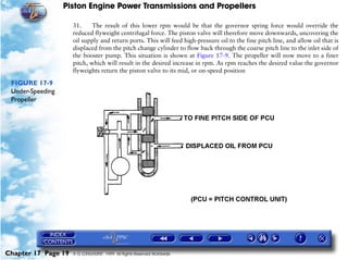 Piston Engine Power Transmissions and Propellers

                     31.     The result of this lower rpm would be that the governor spring force would override the
                     reduced flyweight centrifugal force. The piston valve will therefore move downwards, uncovering the
                     oil supply and return ports. This will feed high-pressure oil to the fine pitch line, and allow oil that is
                     displaced from the pitch change cylinder to flow back through the coarse pitch line to the inlet side of
                     the booster pump. This situation is shown at Figure 17-9. The propeller will now move to a finer
                     pitch, which will result in the desired increase in rpm. As rpm reaches the desired value the governor
                     flyweights return the piston valve to its mid, or on-speed position

 FIGURE 17-9
 Under-Speeding
 Propeller




Chapter 17 Page 19   © G LONGHURST 1999 All Rights Reserved Worldwide
 