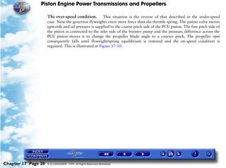 Piston Engine Power Transmissions and Propellers

                     The over-speed condition.          This situation is the reverse of that described in the under-speed
                     case. Now the governor flyweights exert more force than the throttle spring. The piston valve moves
                     upwards and oil pressure is supplied to the coarse pitch side of the PCU piston. The fine pitch side of
                     the piston is connected to the inlet side of the booster pump and the pressure difference across the
                     PCU piston moves it to change the propeller blade angle to a coarser pitch. The propeller rpm
                     consequently falls until flyweight/spring equilibrium is restored and the on-speed condition is
                     regained. This is illustrated at Figure 17-10.




Chapter 17 Page 20   © G LONGHURST 1999 All Rights Reserved Worldwide
 