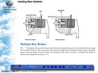Landing Gear Systems

 FIGURE 2-13
 Single-Disc Brake
 Adjuster




                       Multiple Disc Brakes
                       49.     The heavier the aircraft the greater the kinetic energy that must be converted into heat energy
                       by the wheel brakes. This conversion takes place through friction between brake pads and wheel
                       discs, thus more pads and more discs are necessary with heavy aircraft. A multiple disc brake is
                       shown in the diagrams at Figure 2-14.




Chapter 2 Page 30     © G LONGHURST 1999 All Rights Reserved Worldwide
 
