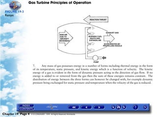 Gas Turbine Principles of Operation

 FIGURE 19-3
 Ramjet




                     7.      Any mass of gas possesses energy in a number of forms including thermal energy in the form
                     of its temperature, static pressure, and kinetic energy which is a function of velocity. The kinetic
                     energy of a gas is evident in the form of dynamic pressure acting in the direction of gas flow. If no
                     energy is added to or removed from the gas then the sum of these energies remains constant. The
                     distribution of energy between the three forms can however be changed with, for example dynamic
                     pressure being exchanged for static pressure and temperature when the velocity of the gas is reduced.




Chapter 19 Page 4   © G LONGHURST 1999 All Rights Reserved Worldwide
 