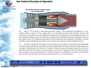 Gas Turbine Principles of Operation

 FIGURE 19-14
 Twin-Spool Turbo
 Jet Engine




                      30.    Figure 19-14 shows a twin-spool turbo-jet engine. The mechanical arrangement is very
                      similar to that in Figure 19-13, except there is no propeller driven by the LP spool. Instead, the
                      increased air mass flow from the duplicated compressors, accelerated by the propelling nozzle, gives
                      increased thrust. Because the air mass flow is well in excess of that required for combustion, some of
                      the output of the LP compressor by-passes the HP compressor, the combustion chambers, and the
                      turbines to mix with the hot gas stream in the exhaust, just upstream of the propelling nozzle.

                      31.     In such an engine the lower gas velocity (because some of the air is not heated and expanded)
                      is offset by the much greater mass flow, to create significantly more thrust than the single-spool pure
                      jet engine. Furthermore, the lower exit velocity of the gas means the engine makes less jet noise.
                      Engines of this type are known as by-pass engines. The ratio of unheated (cold) air, which bypasses
                      the combustion process and turbine, to (hot) air heated by combustion, is known as the by-pass
                      ratio. In this case the ratio is less than 2:1 and is known as a low by-pass ratio




Chapter 19 Page 18    © G LONGHURST 1999 All Rights Reserved Worldwide
 